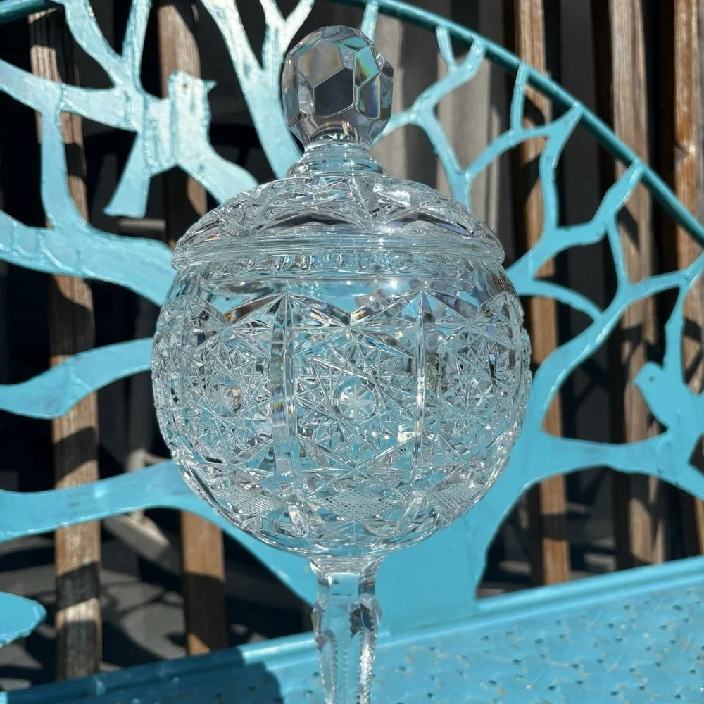 Vtg RARE Sklarny Bohemia Queens Lace Lead Crystal Tall Compote Candy Dish HTF